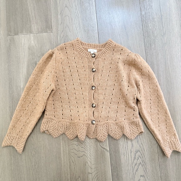 NWOT Camellia Boutique Brand Scallop Edge Tan Peplum Cardigan Sweater Top - Picture 5 of 11